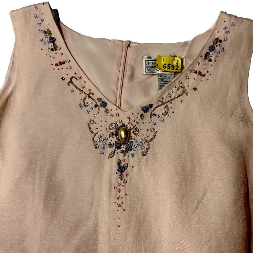 Jessica Howard 2-Piece Linen Blend Dress/Jacket Pale Pink Sz. 14 Vtg Embellished - Picture 7 of 8